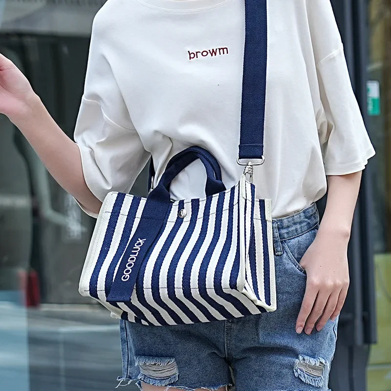 New Sle Casual Canvas Tote Bag Waterproof Commuter Crossbody Bag Faionable Striped Large Capaci Handbag for Youth