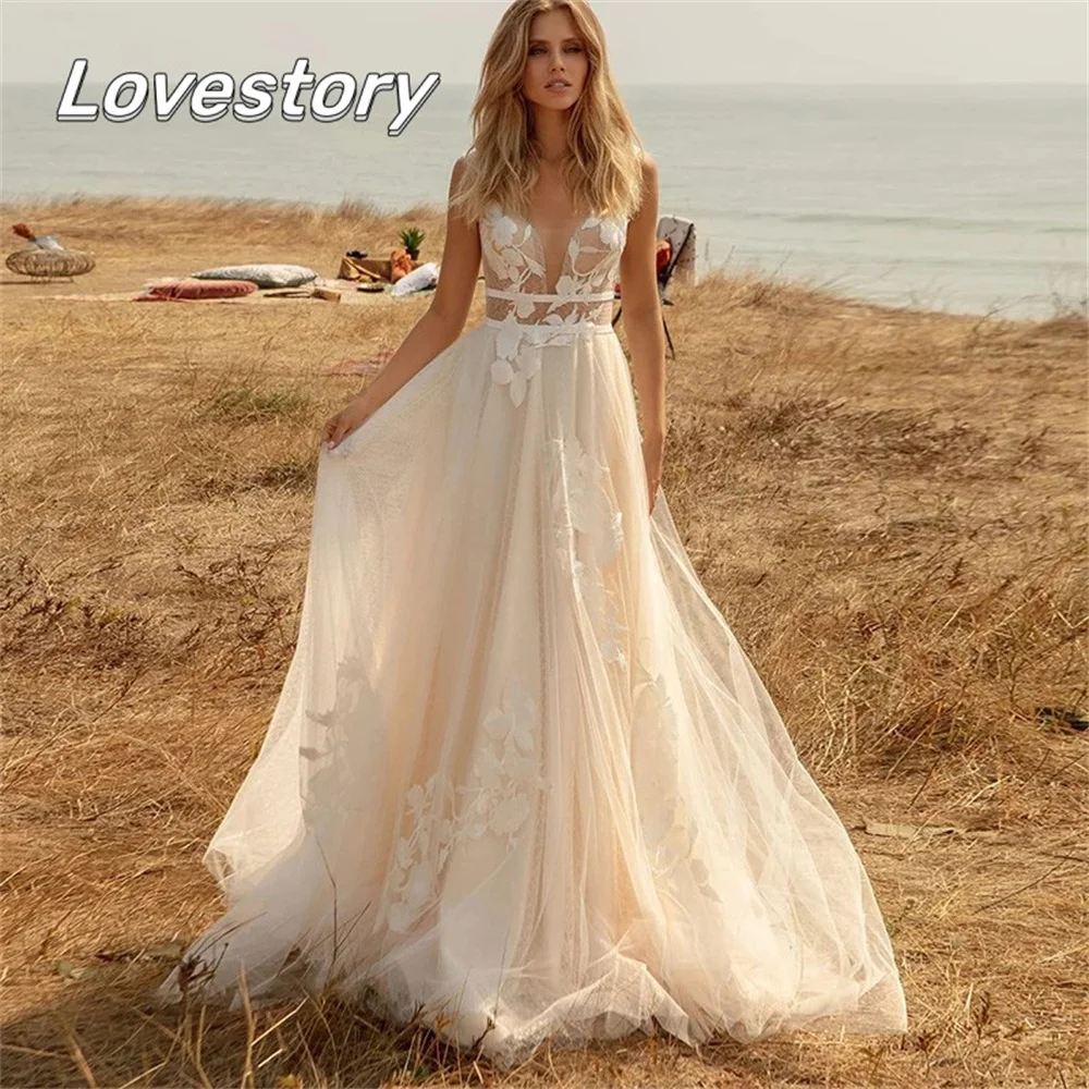 

New See Through Bohemian A Line Wedding Dresses Sleeveless V-Neck Backless Applique Bridal Gown Illusion Beach Vestidos De Noiva