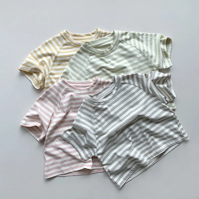 

Summer Children's Striped Tshirt Korean Baby Short Sleeve T-Shirt Cotton Linen Toddler Clothes 1-6Y Kids All-Match Casual Tops