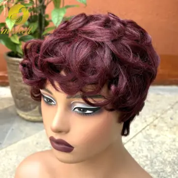 Parrucca Borgogna Completamente Realizzata a Macchina, Taglio Pixie, Parrucche di Capelli Umani, Parrucche Bob Corte Colorate e Ondulate, Parrucche di Capelli Remy Brasiliani per Donne