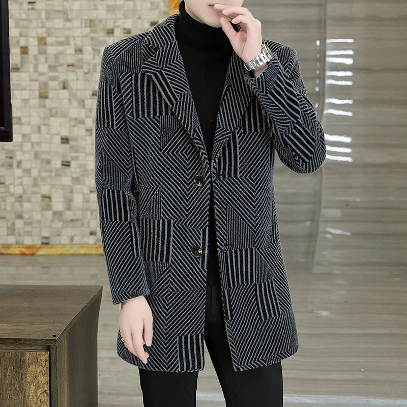 

High Quality Fashion Suit Collar Cashmere Coat Men's Thick Woolen Trench Loose Fashion Brand Medium Length Woolen Coat M-4XL