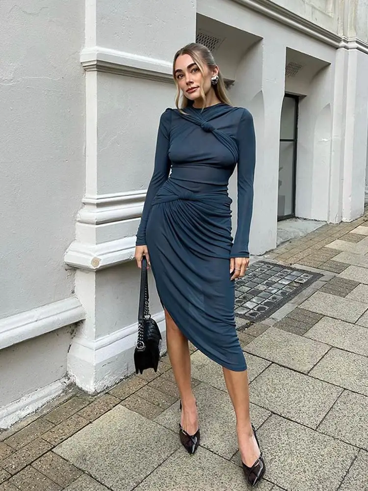 

Fashion Knot Vestidos 2023 Autumn New Slim Party Club Dresses Chic Elegant O-Neck Long Sleeve Women's Solid Midi Dress Casual