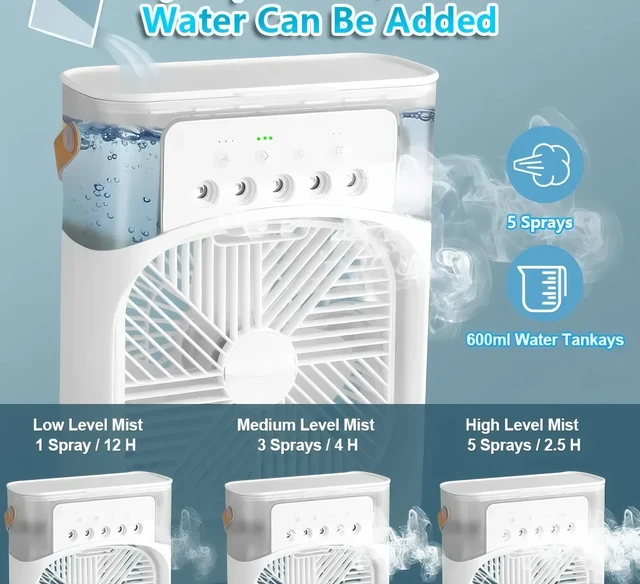 Fan/cooling fan portable household three in one small air cooler, LED night light, 5-hole humidifier, 1-3 hour timer 3