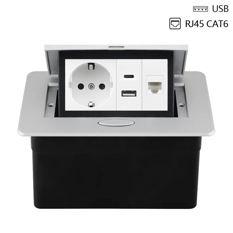 Desktop Power Socket with Dual USB and Type-C Interface, 220V Pop-Up Hidden EU Socket