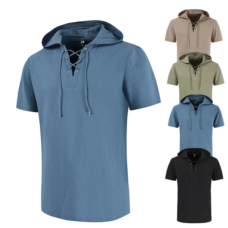 

Vintage Medieval Men's Loose Hooded Shirt, Theatrical Stage Costume Shirt, Solid Color Lace-up Top Tops For Male