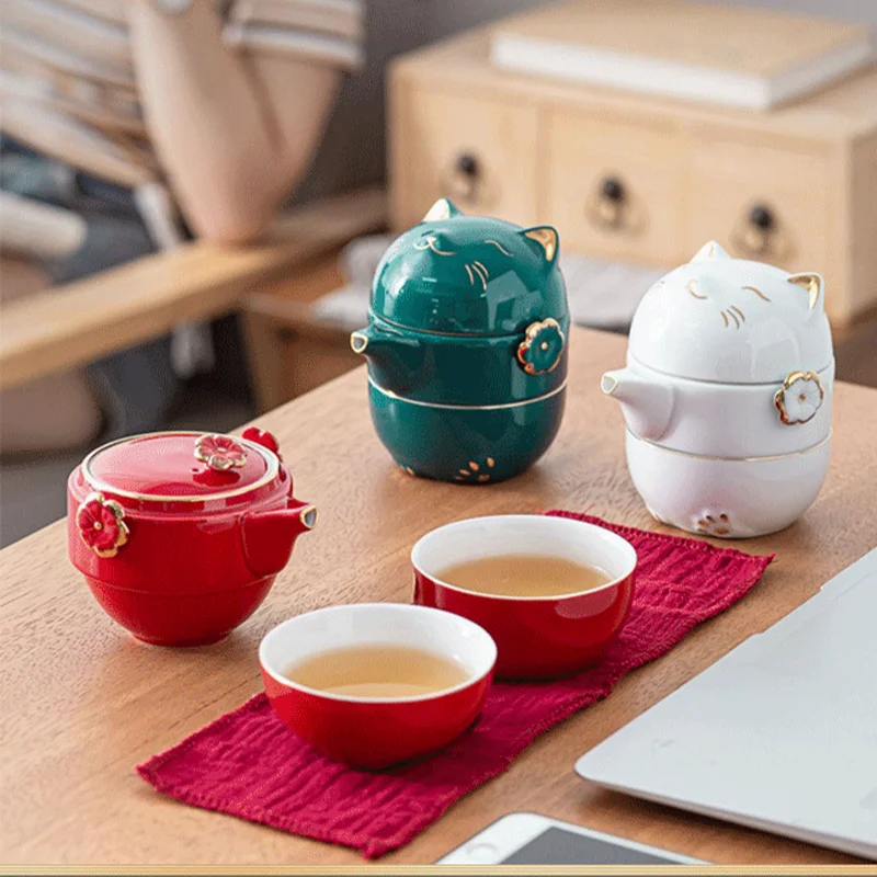 Travel Tea Set Portable Tea Set Ceramic 1 Pot 2 Cups Travel Tea Set Mugs  Storage Bag Teaware Set Heat Insulation Container