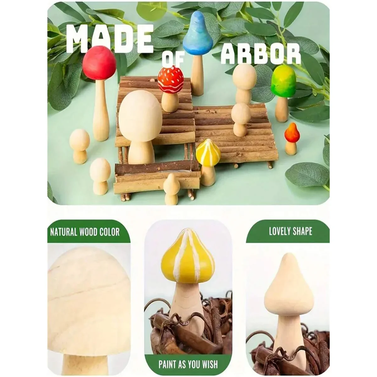 24PCS Unfinished Wooden Mushroom Figurines for DIY Crafts 4