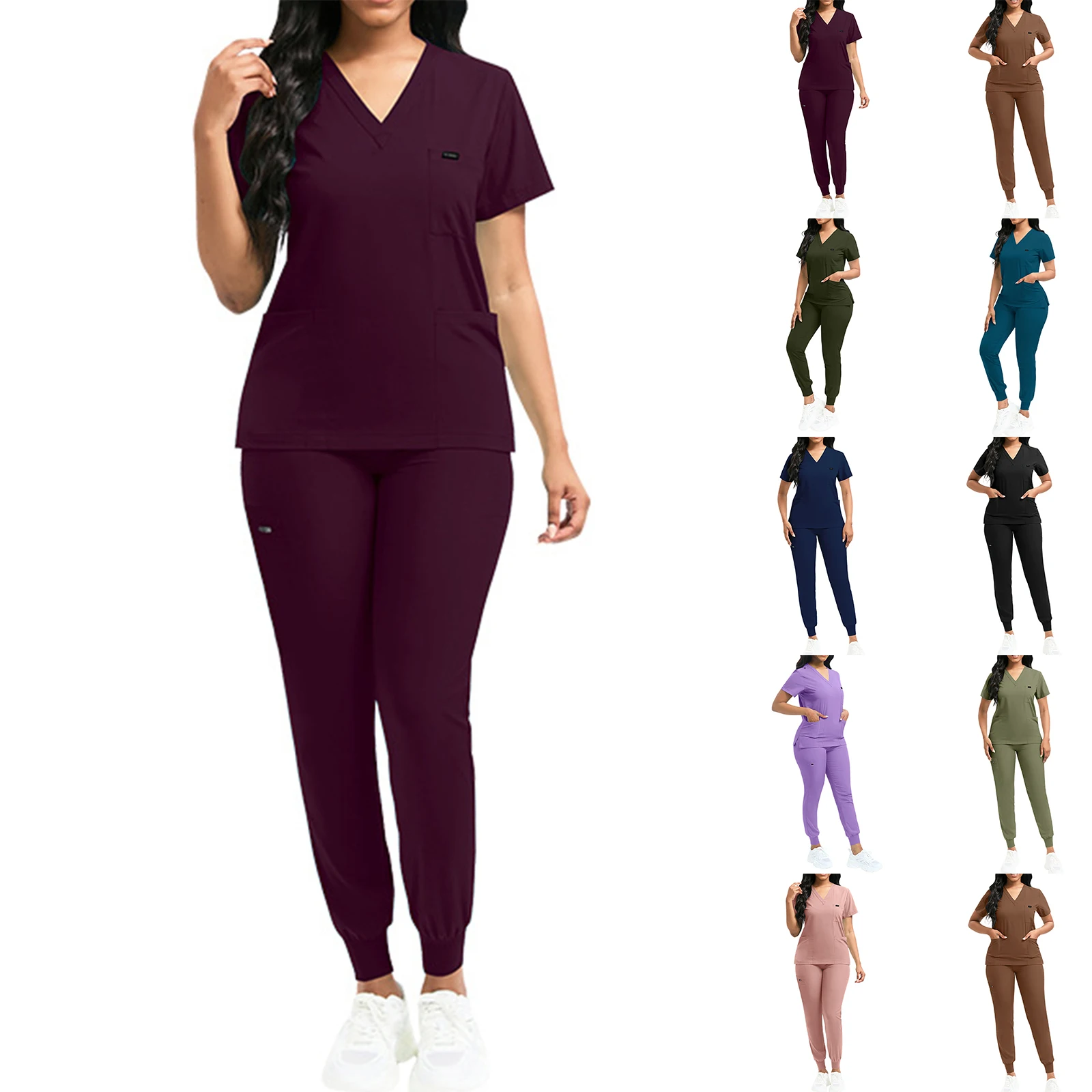 Women's Nurse Scrub Set V-Neck Short Sleeve Multi-Color Multi-Pocket Jogger Pants Medical Uniform Healthcare Workwear