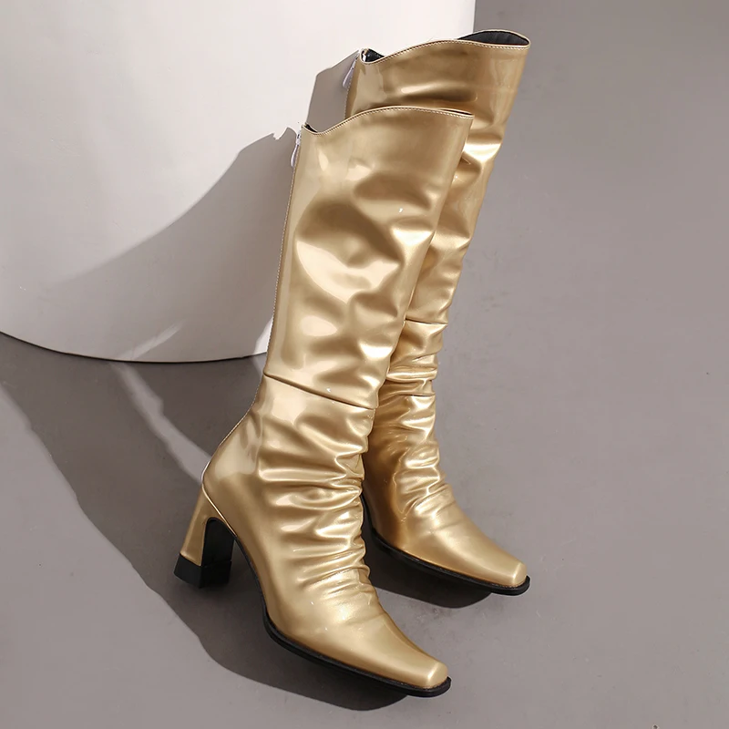 

Plus Size Shiny Patent Leather Square Head Profiled High Heel Knee High Boots Plush Inner Back Zipper Pleated Gold Fashion Boots