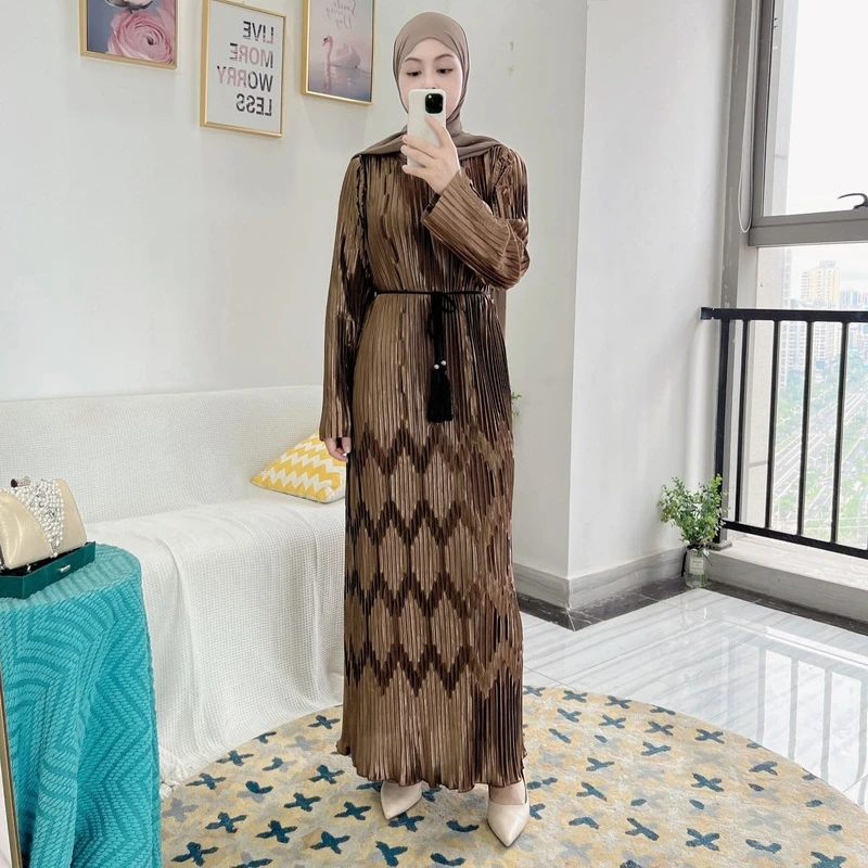 Women's Long Sleeve Dress with Belt, Muslim Abayat, Pleated, Monochromatic, Slim, Dubai, Abayat, Fashion, New, 2022