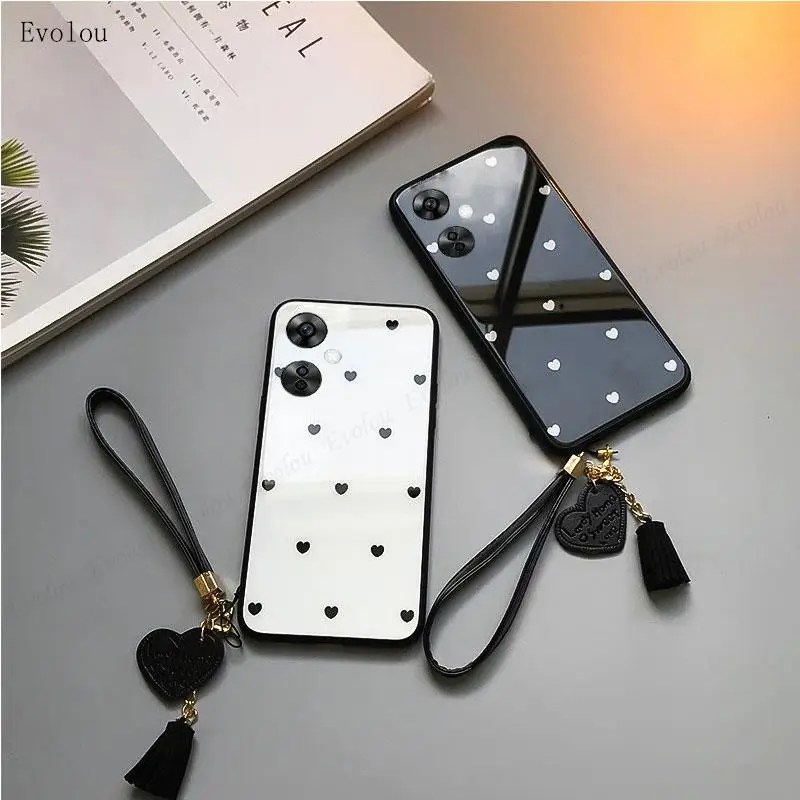 Tempered Glass Love Heart Case with Tassel Lanyard and Shockproof Soft Edge