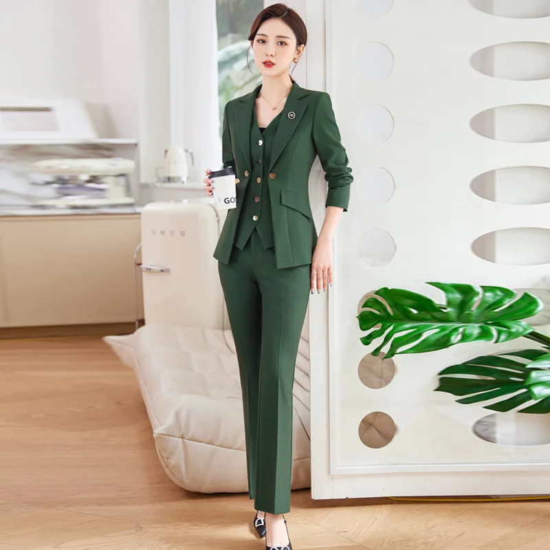 

Fashion Office Ladies Green Pant Suit Women Long Sleeve Formal Jacket Coat Pencil Trouser Single Breasted 2 Piece Set Blazer Set