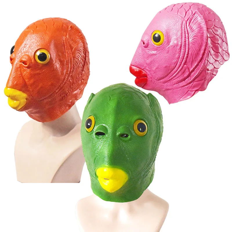 Máscara de disfraz de Cosplay divertida para hombres y mujeres adultos, máscara de cabeza de pez verde, tocado para fiesta de maquillaje, Día de los inocentes