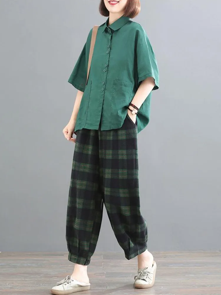 

2 Piece Sets Women Casual Pants Suits New Arrival 2023 Summer Vintage Style Loose Female Cotton Shirts And Plaid Pants B2566