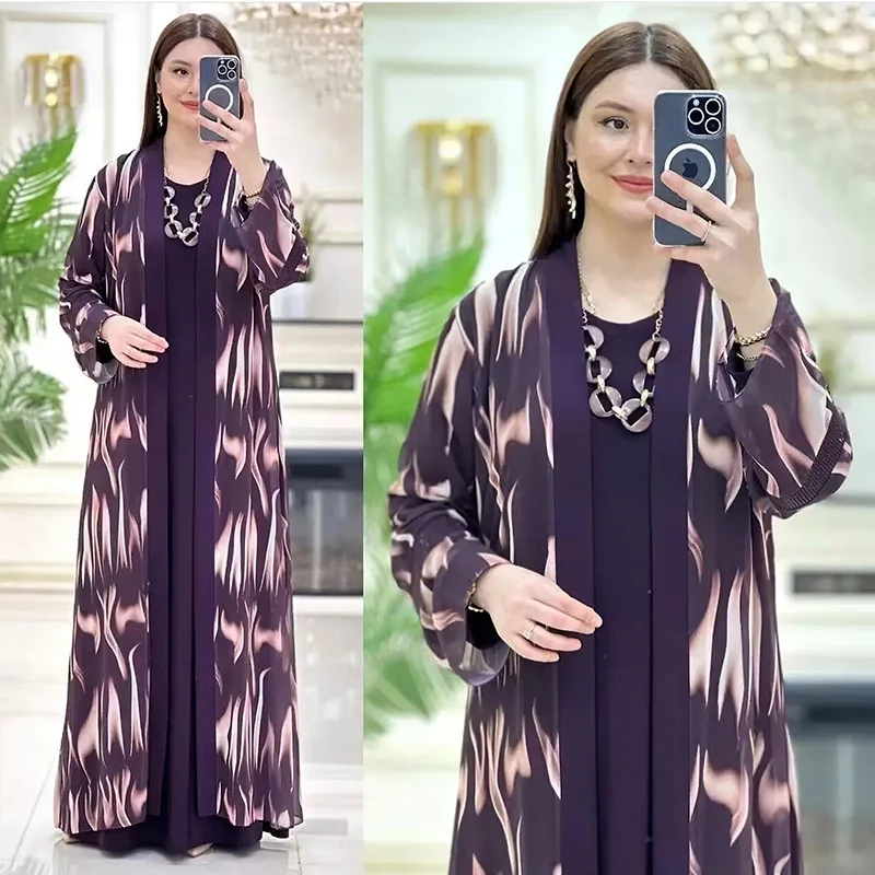 Muslim Dress Set Hot Selling Women's Digital Printed Cardigan Robe Clothing Two Piece Set Dubai Ramadan Gurban Abaya Clothing