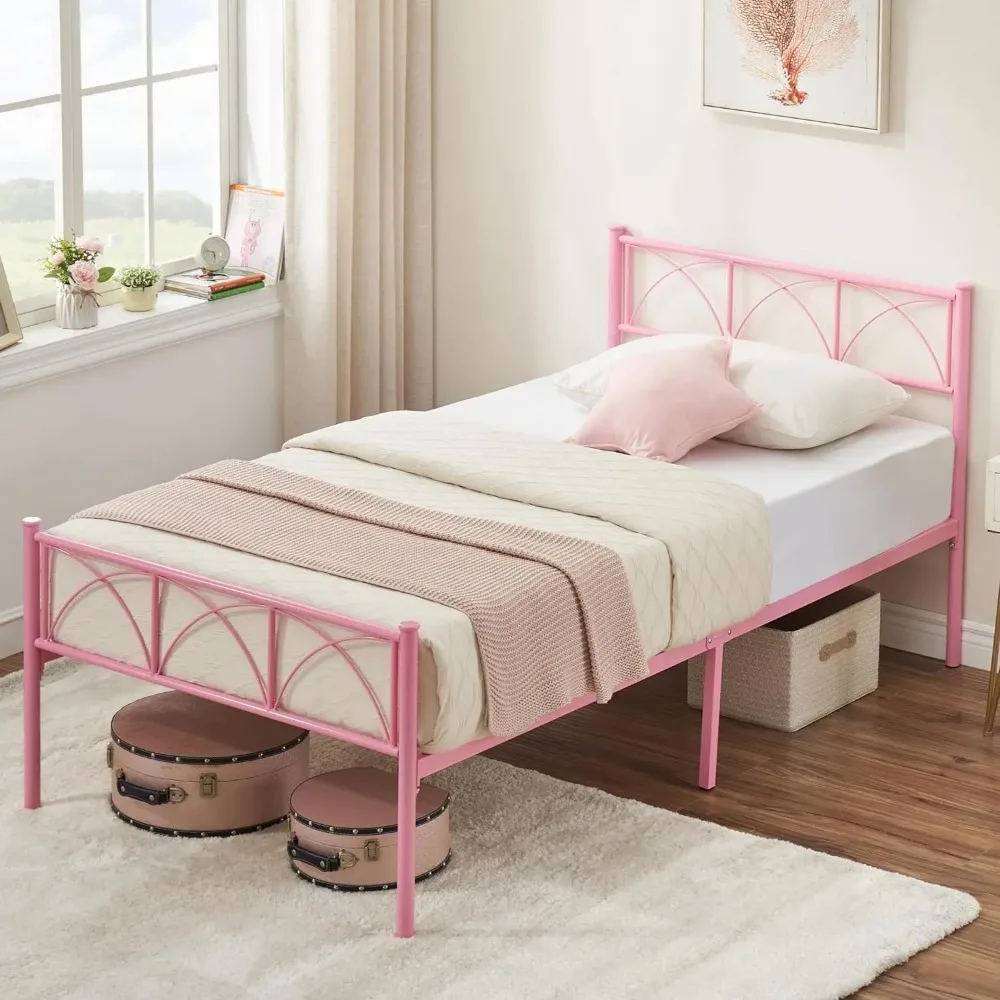 Platform Bed Frame with Headborad&Footboard,12.2 inches,No Box Spring Needed,Simple Assembly,Furniture(Pink,Twin) 3