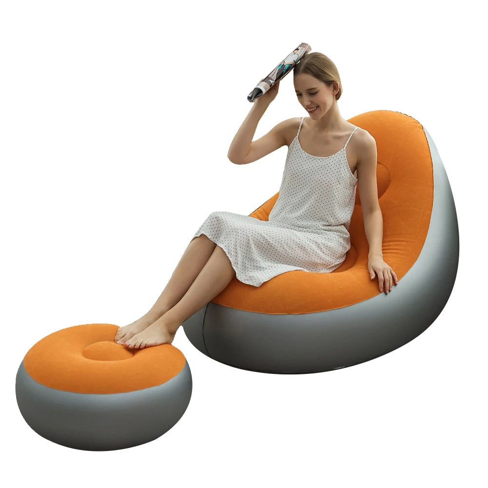 PVC Flocking Inflatable Couch Blow Up Lounger Chair Foldable Recliner for Balcony Backyard Camping Picnic RV