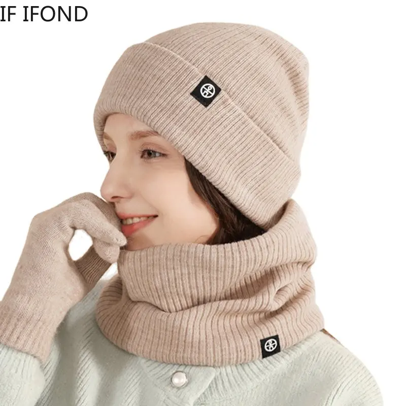 

Winter Beanie Hats Gloves Scarf Set Men Wool Knitted Hats Outdoor Warm Thicken Skullies Ski Bonnets For Women