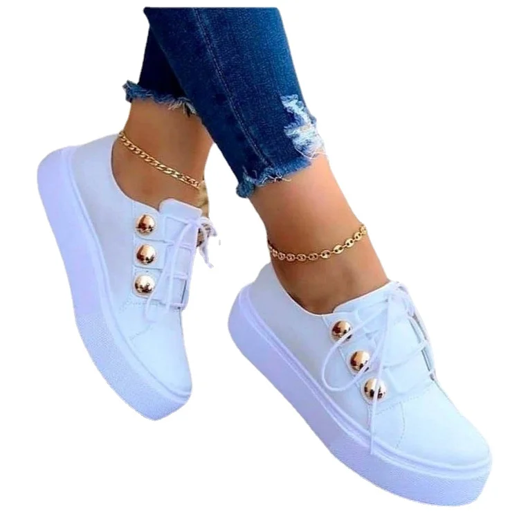 2022 White Shoes Women Fashion Round Toe Platform Shoes Size  Casual Shoes Women Lace Up Flats 36-43