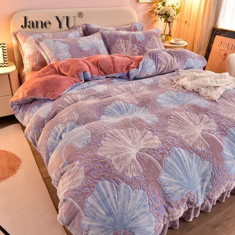 

JaneYU Padded Milk Velvet 4pcs Bedding Set Plus Velvet Bed Skirt Double-sided Flannel Quilt Cover Coral Fleece Warm Bedding Sets