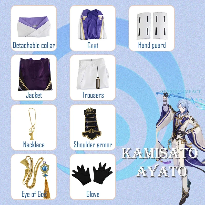 thumbnail image 1 of Disfraz de Cosplay de Genshin Impact Kamisato Ayato, uniforme, peluca, disfraces de Anime para Halloween para hombres, juego, 1 of 5