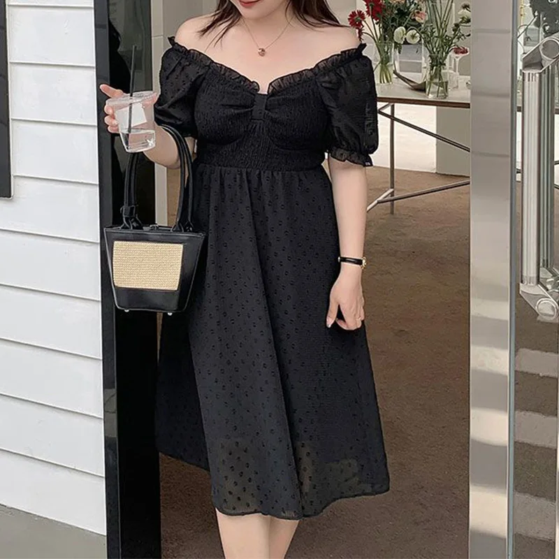 Plus Size Clothes Little Fresh and Sweet Square Collar Stringy Selvedge Solid Pleated Short Sleeve Bow Chiffon Princess Dress