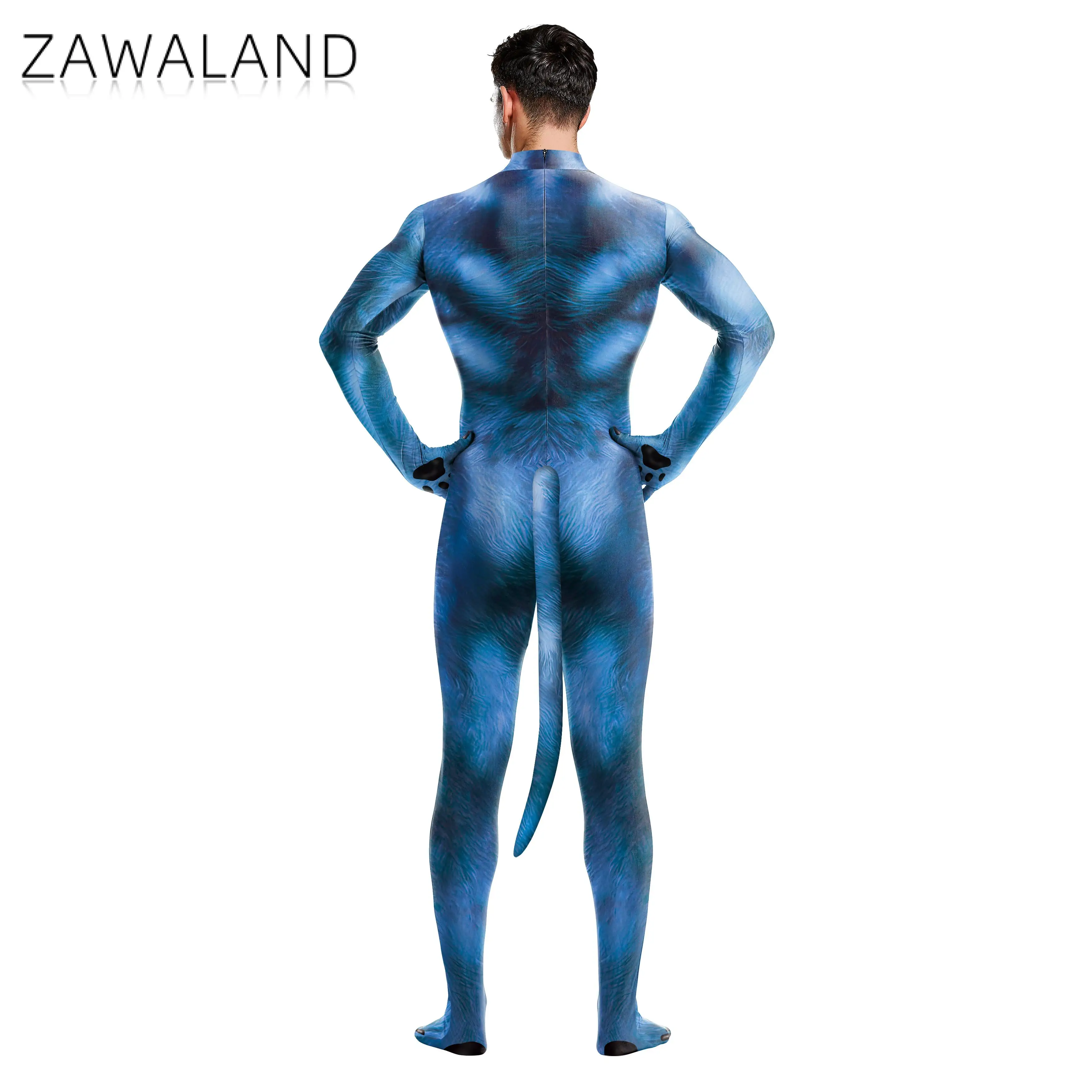 Zawaland Blue Furry Costumes Men Halloween Clothes with Tail Crotch Zipper Zentai Suit for Funny Couple Party Outfit Carnival Wear cosplay costume,men festival costume set