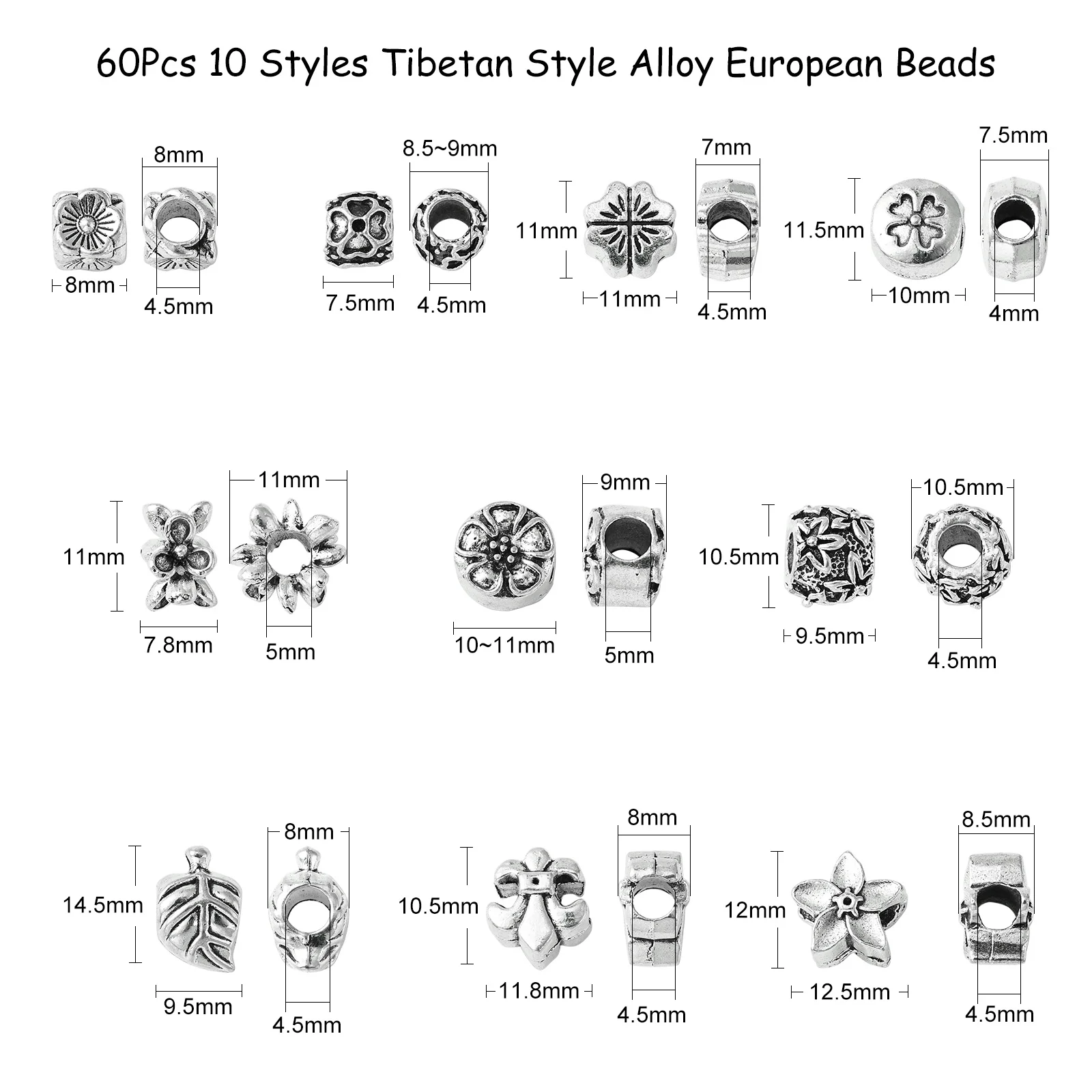 60Pcs 10 Styles Tibetan Style Flower European Beads Antique Silver Floral Spacer Beads for Bracelet Necklace Jewelry Making