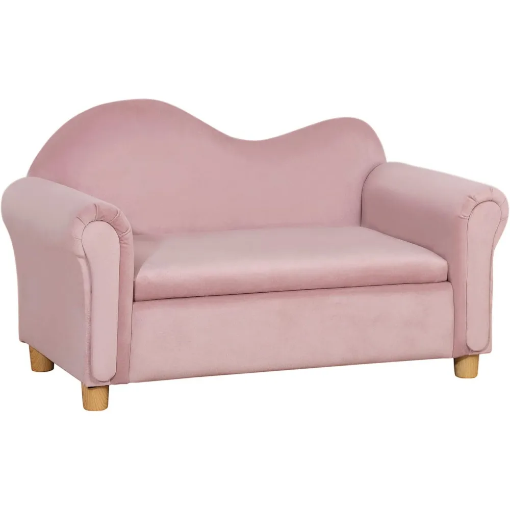 Ergonomic Foam Kids Sofa with Inner Toy Storage Chest, Velvet Kids Couch with Soft Arms, Children's Lounge Furniture, Pink 6