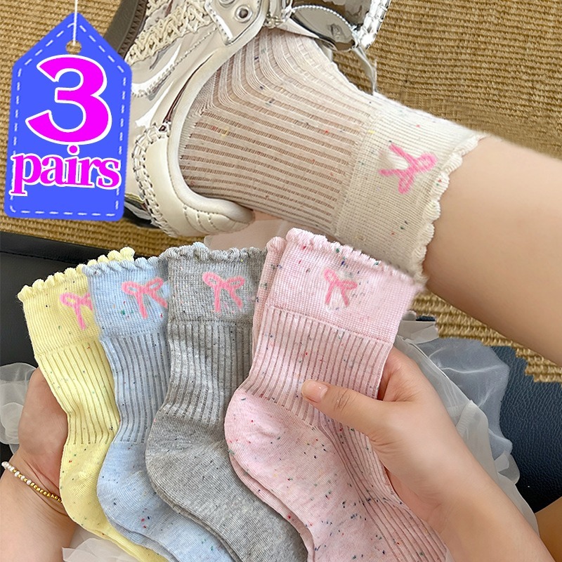 1/3Pairs Harajuku Dots Bowknot Socks Women Ruffle Middle Tube Ankle Short Breathable Mid-calf Socks Spring Summer Dot Stockings