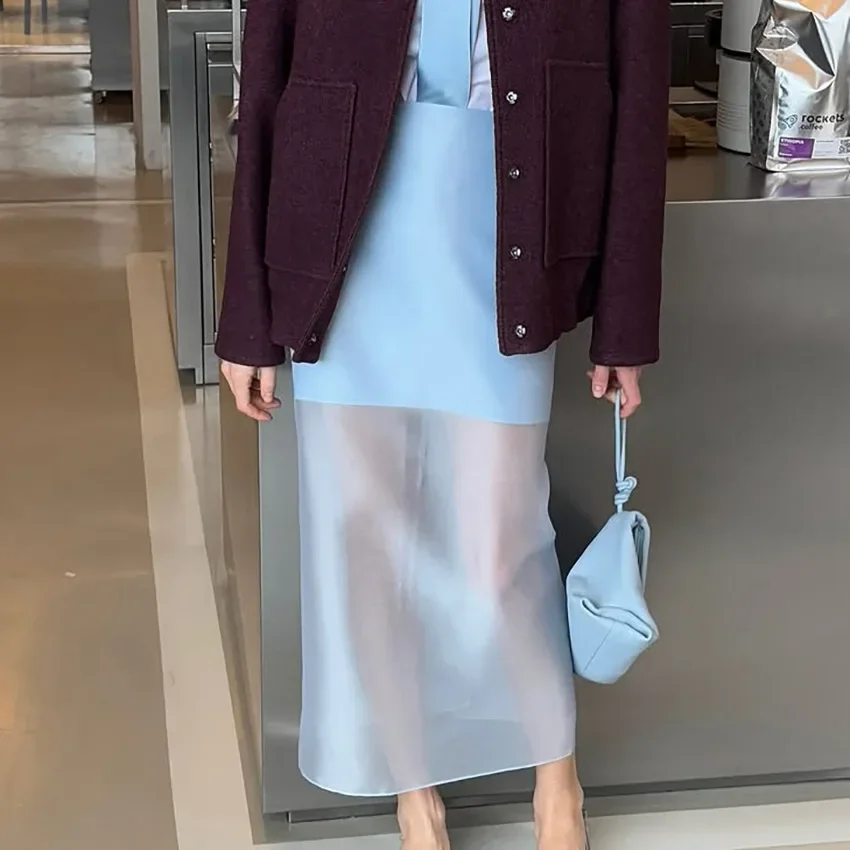 Trendy Black Mesh Skirts For Women Double-layer Design Female Thin Loose New Summer Sexy Perspective High Waist Slit Hip Skirt