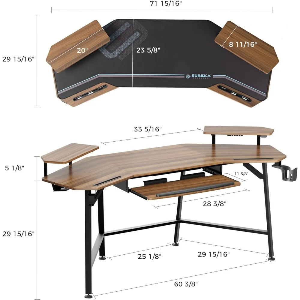 72" Gaming Desk, Wing-Shaped Music Studio Desk, Large Computer Table LED Convertible Monitor Stand Dual Headphone Hanger 2