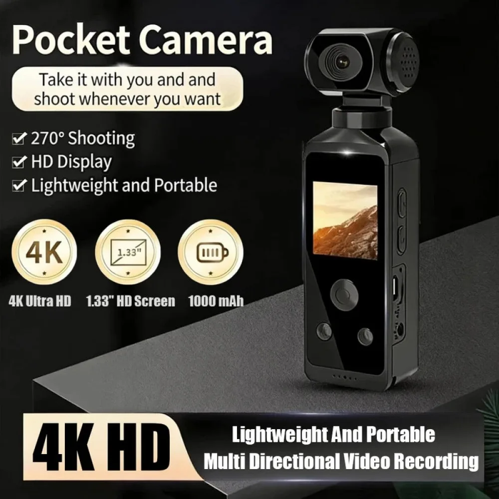 Vue de face de la mini caméra sport 1080p avec stabilisateur, idéale pour l'action et le vlog