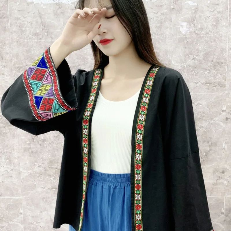 에스닉 스타일 짧은 여성 자수 가디건, 루즈 긴팔 코튼 린넨 패션, 중국 빈티지 재킷, 봄 신상 2022