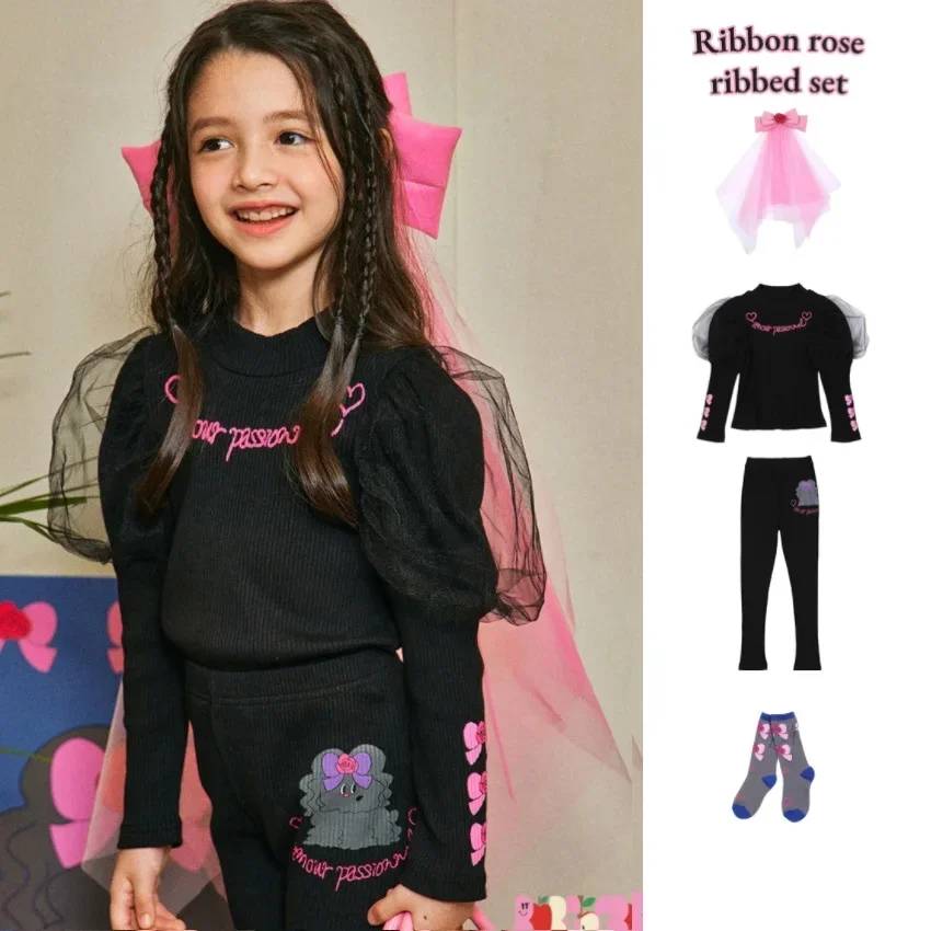 

Girls T-shirt Set Spring 2024 New Bubble Sleeve Girls Bottoming Shirt Cotton Black Girls T-shirt Children's Clothing