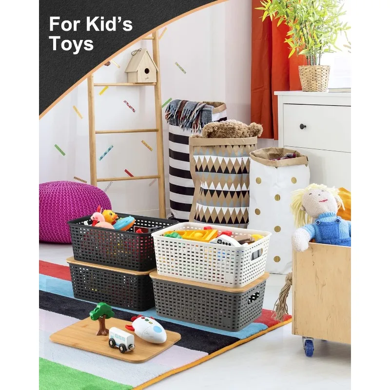 Baskets for Organizing Plastic Storage Bins With Bamboo Lids Small Shelf Basket Container for Organizing Shelves Desktop 4
