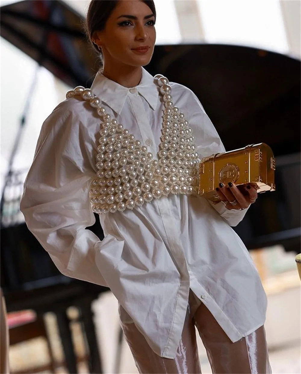 Women Luxury White Black Big Pearls Straps Vest Hollow Beading