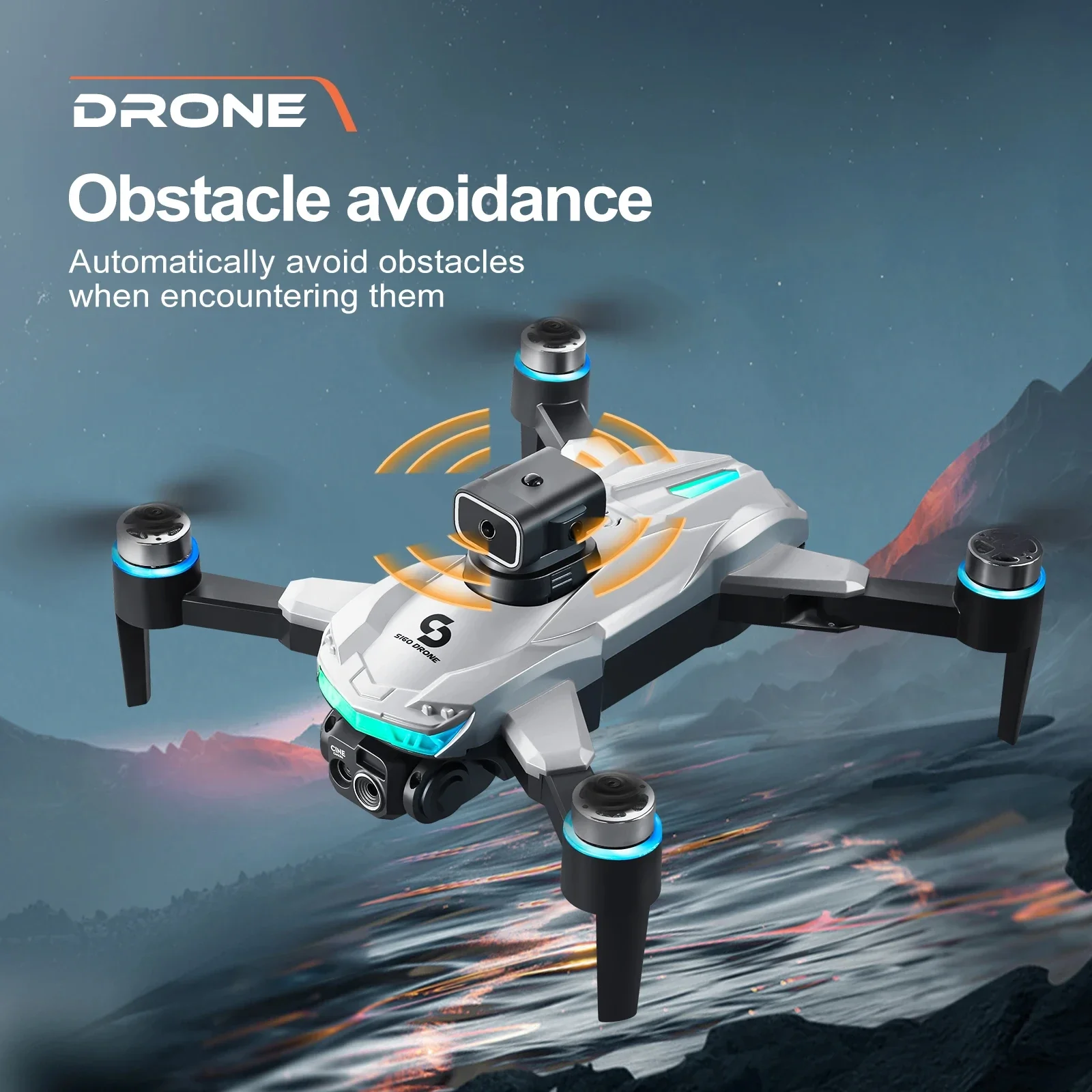 Vue rapprochée du drone professionnel avec caméra HD, montrant son design élégant noir et blanc et ses hélices.