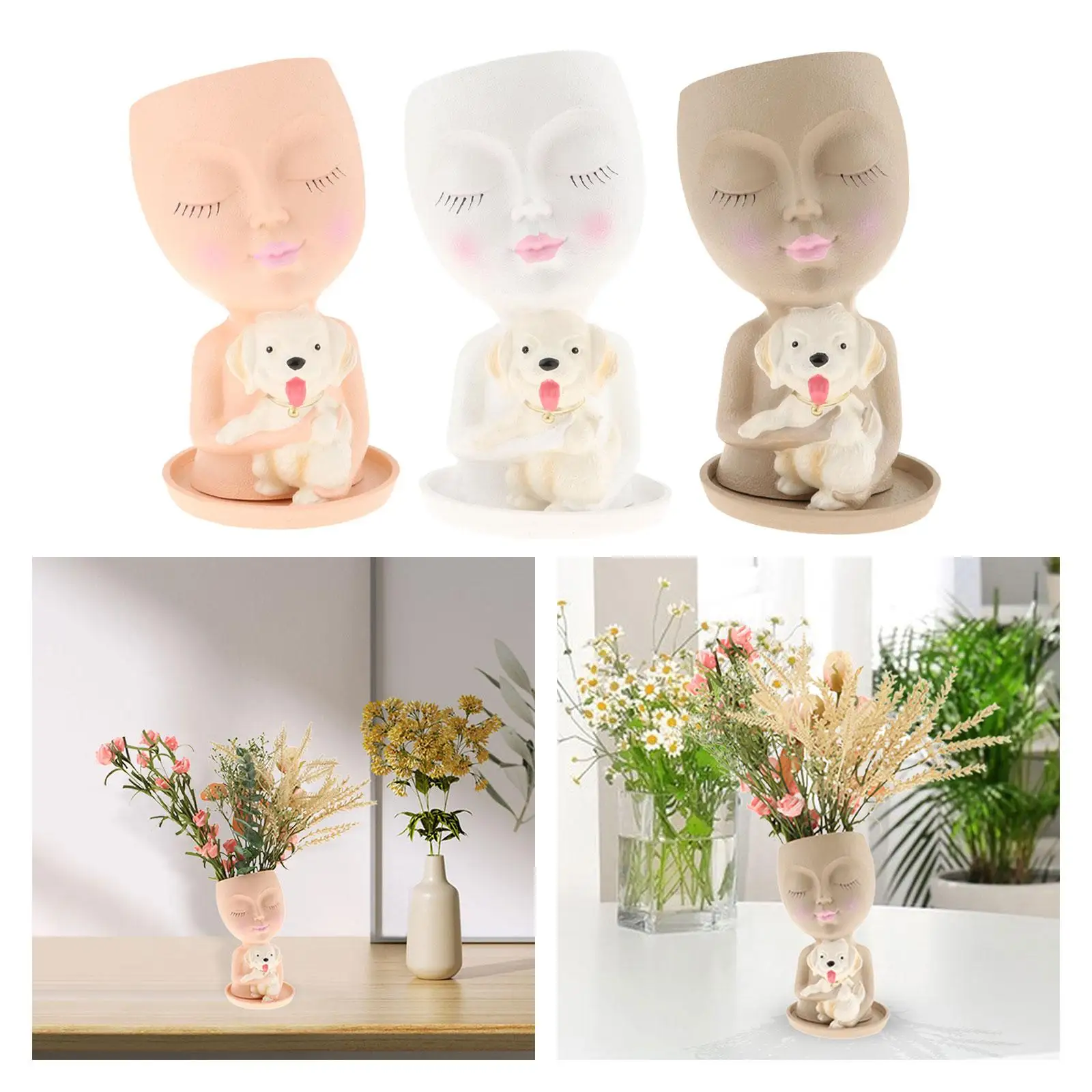 Girl Head Planter Pot Resin Tabletop Ornament for Bedroom Living Room Table