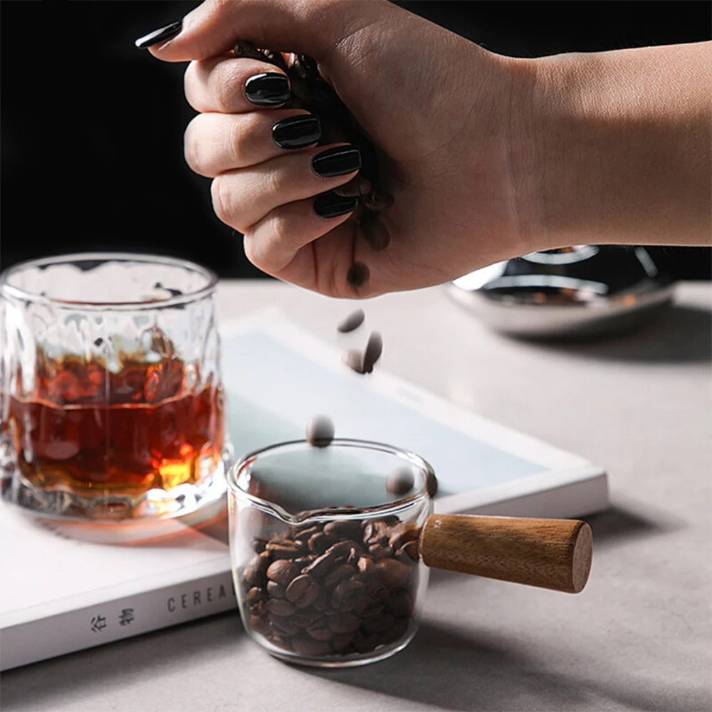 50/100ml Wood Handle Glass Espresso Measuring Cup Milk Cup Multi-functional Kitchen Measure Mug Coffee Supplies Clear measuring cup