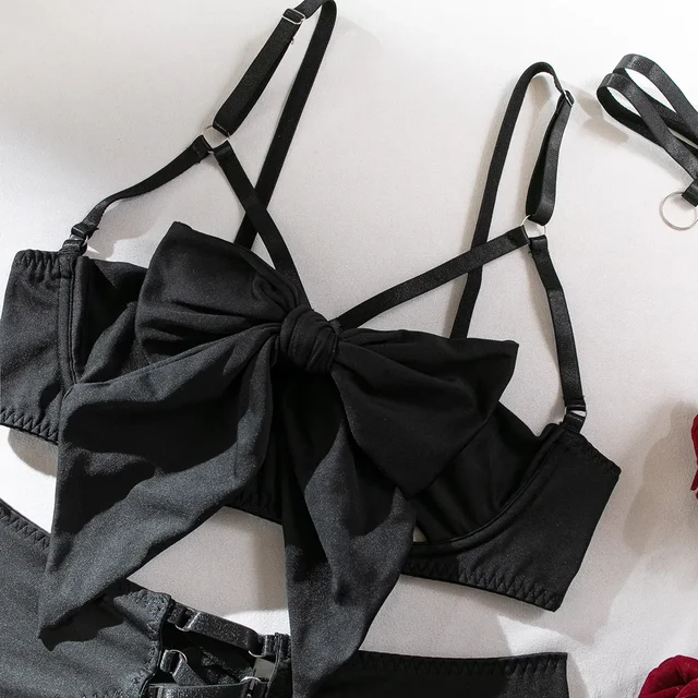Cut Out Bow Lingerie Set with Garter and Gloves 5