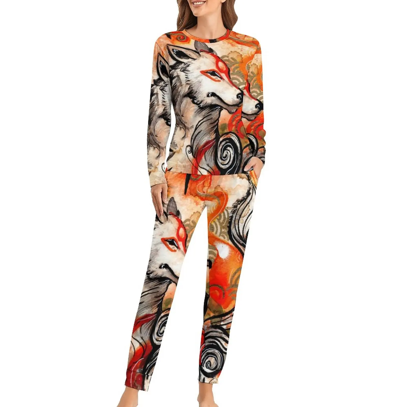 Wolf Print Pajamas Spring Okami Amaterasu Casual Oversized Sleepwear