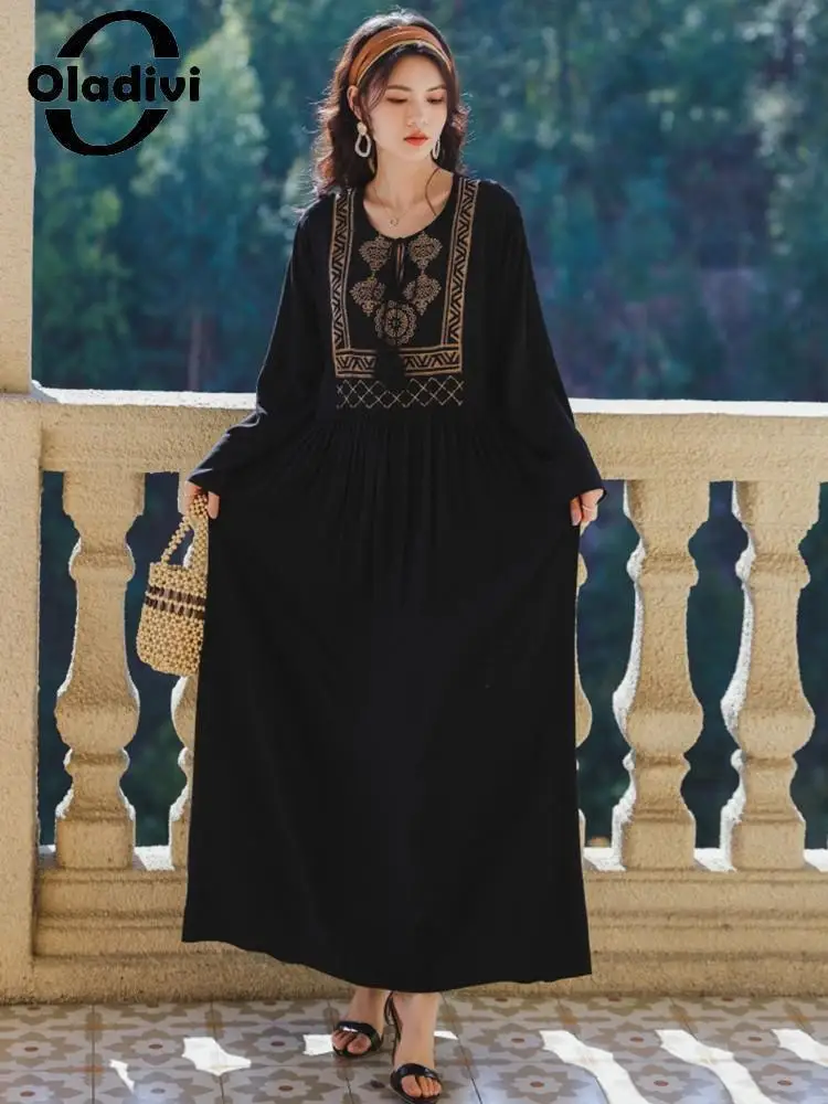 

Oladivi, Одежда большого размера d, модное женское платье с вышивкой, Новинка лета 2022, винтажные Женские повседневные длинные платья большого размера, халат 5180