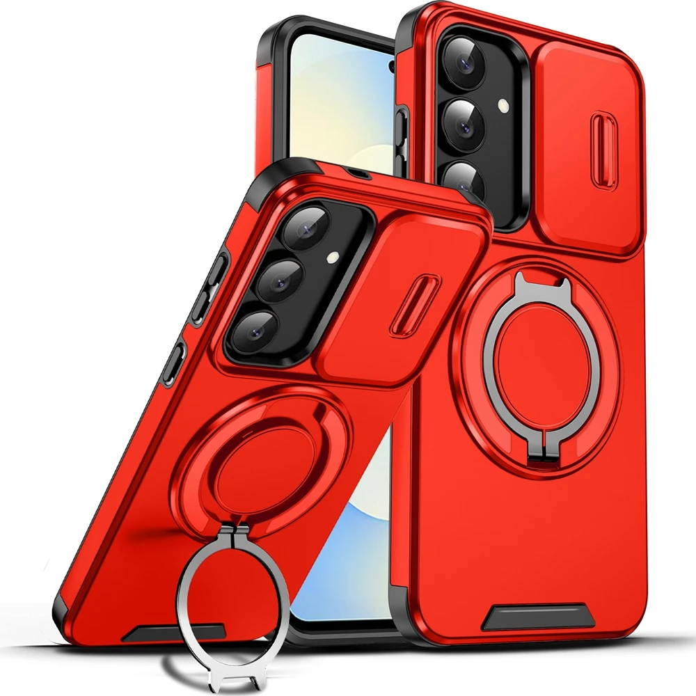 Shockproof Armor Phone Case with Slide Lens Protection and Ring Holder