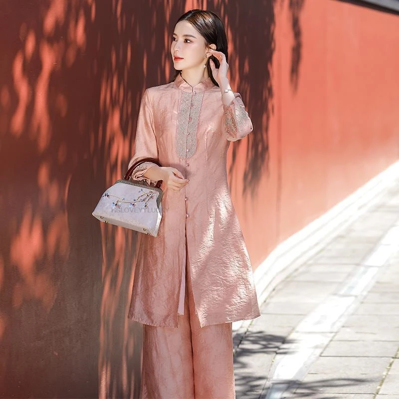 Chinese Style Traditional Chinese Vintage Cheongsam Set Vintage Embroidery Hanfu Set National Style Women Daily Qipao