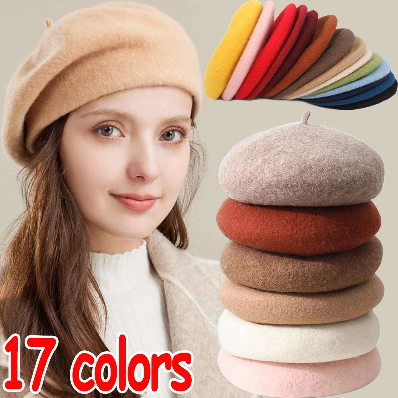 Winter Women Wool Berets French Artist Style Warm Beanie Hat Retro Plain Beret Solid Color Elegant Lady All Matched Autumn Caps 1