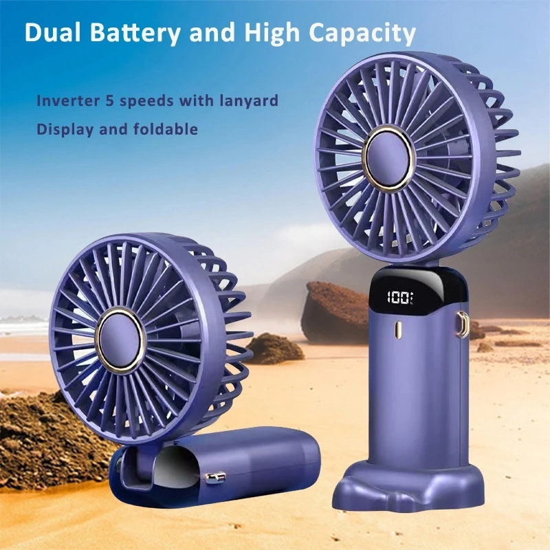 USB Handheld Mini Fan Foldable Home Portable Neck Hanging Fans 5 Speed USB Rechargeable Fan with Phone Stand and Display Screen
