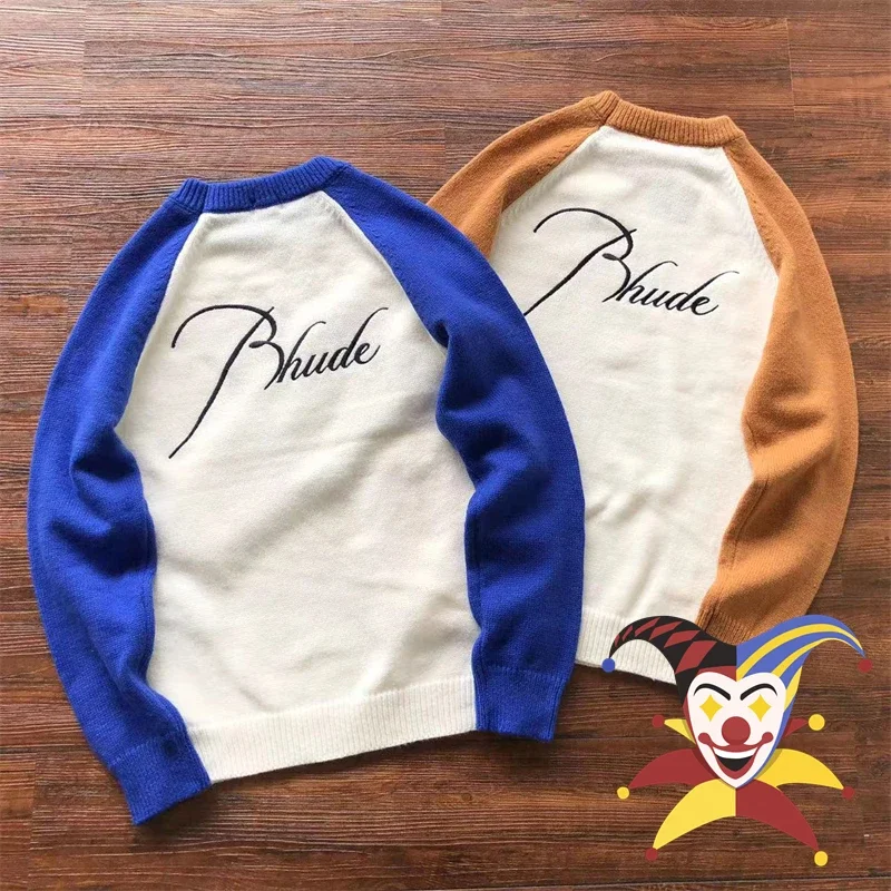 

Patchwork Rhude Jacquard Embroidered Sweater Men Women Knit Sweatshirts