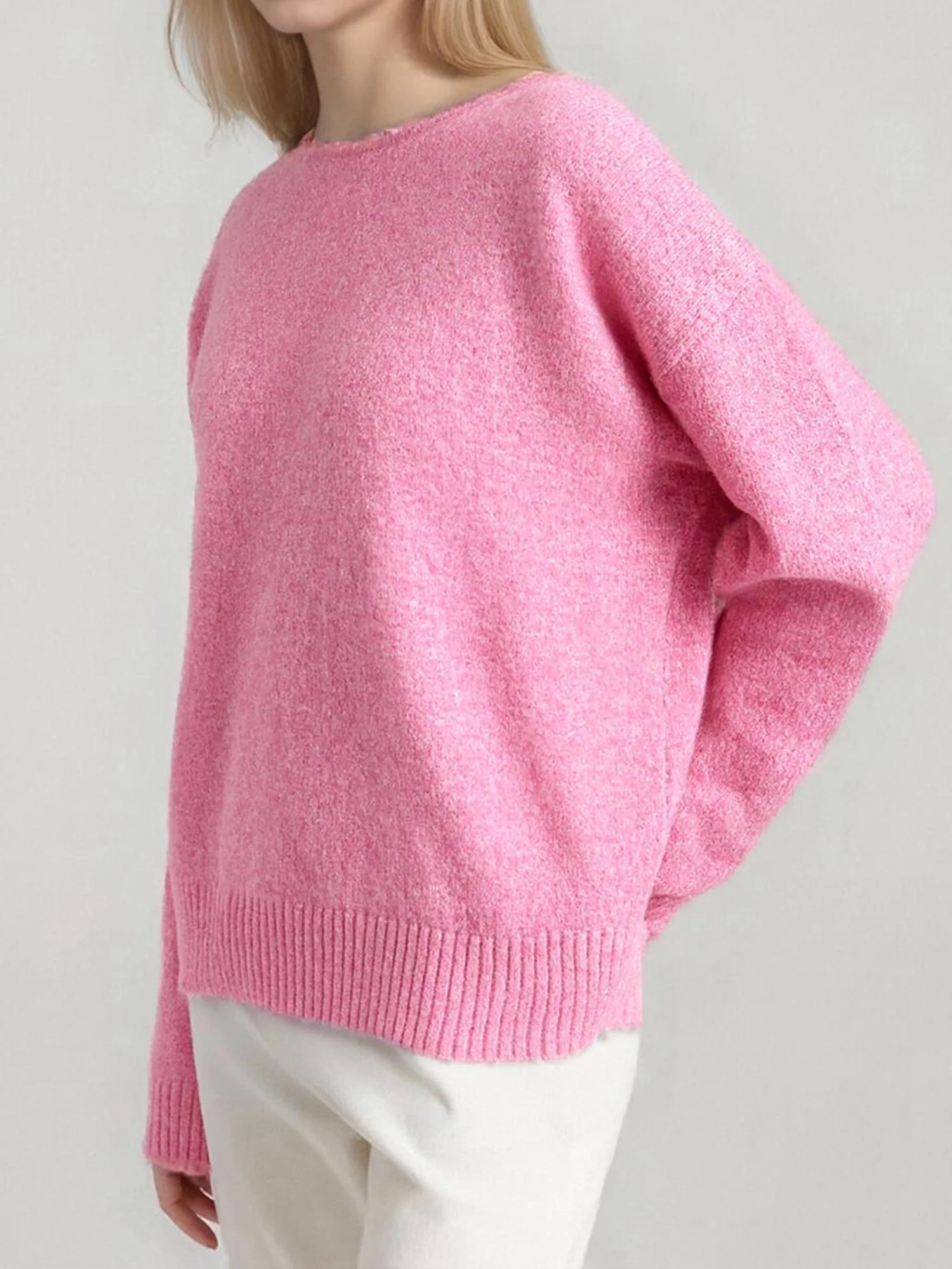 Women s Boat Neck Sweater Loose Fit Off Shoulder Casual Stylish Solid Ribbed Trim Backless Long Sleeve Knit Top with a Twist