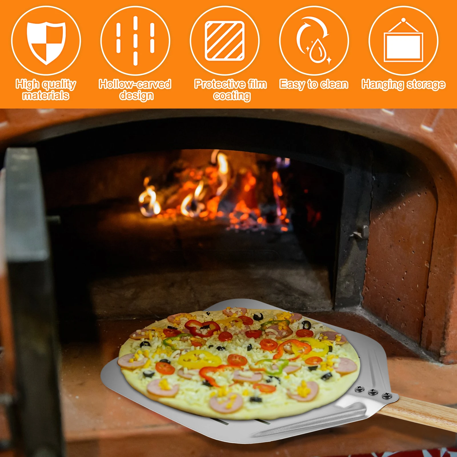 12in Pizza Peel Aluminium Alloy Lightweight Pizza Shovel Non-Stick Perforated Pizza Shovel with Woodiness Handle for Pizza Bread